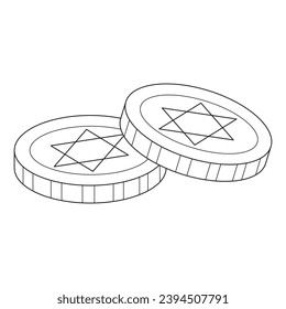 Coins, Jewish coins. Happy Hanukkah Illustration. Coloring page. Line Art.