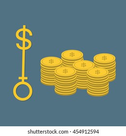 coins and key of money flat design vector concept for business and financial presentation