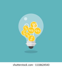 Coins in light bulb, flat design icon