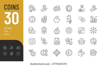 
Coins Line Editable Icons set. Vector illustration in a modern thin line style of money related icons: savings, income, loss, and more. Isolated on transparent background.
