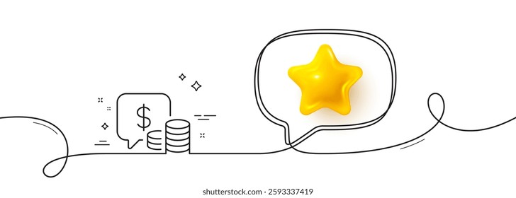Coins line icon. Continuous line with 3d star. Cash money sign. Business income symbol. 3d star in speech bubble. Coins single line ribbon. Loop curve pattern. Vector