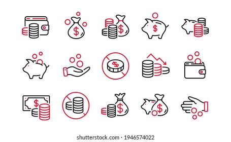Coins line icons. Cash money, Donation coins, Give tips icons. Business income, Piggy bank, Loan. Money savings, give coin, cash tips. Investment profit, financial crisis. Linear set. Vector