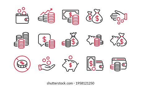 Coins line icons. Cash money, Donation coins, Give tips icons. Piggy bank, Business income, Loan. Money savings, give coin, cash tips. Investment profit, financial growth chart. Linear set. Vector