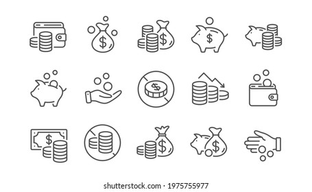 Coins line icons. Cash money, Donation coins, Give tips icons. Business income, Piggy bank, Loan. Money savings, give coin, cash tips. Investment profit, financial crisis. Linear set. Vector