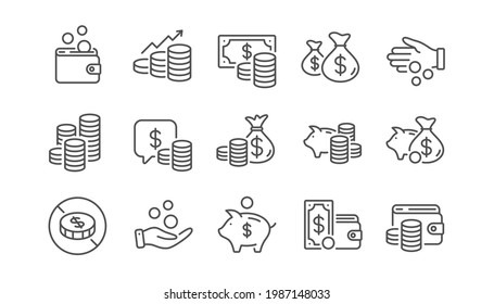 Coins line icons. Cash money, Donation coins, Give tips icons. Piggy bank, Business income, Loan. Money savings, give coin, cash tips. Investment profit, financial growth chart. Linear set. Vector