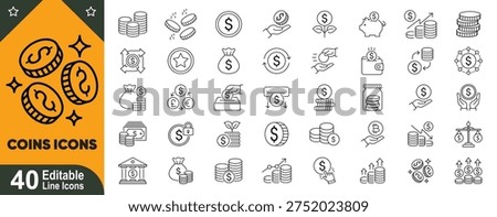 Coins line icons set. Editable stroke vector collection of currency, money, finance, banking, payment and investment symbols.