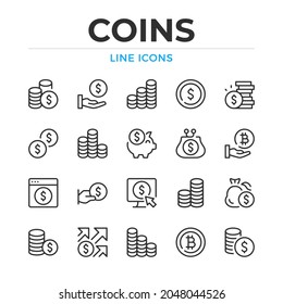 Coins line icons set. Modern outline elements, graphic design concepts, simple symbols collection. Vector line icons