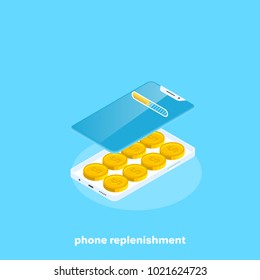 coins lying inside the smartphone, isometric image