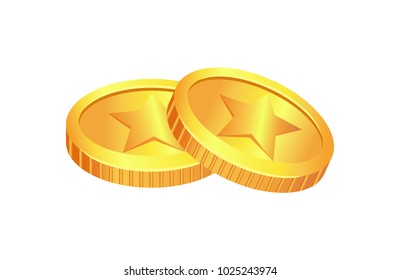 Coins made of gold, material with image of star, piece of money, treasures in form of coins, unique signs, vector illustration, isolated on white