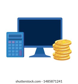 coins money dollars with desktop and calculator