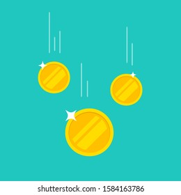 Coins money falling or dropping vector flat cartoon icon isolated on color background, tree golden coin flying, cashback income or savings idea