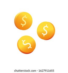 Coins money falling or golden cash flying vector flat cartoon illustration isolated, modern design icon or wealth symbol