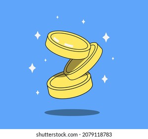 Monedas de dinero que caen ilustraciones vectoriales, monedas de oro planas cayendo, aisladas en fondo de color. 3 monedas voladoras con contornos y sombras. Elemento de diseño para empresas e inversiones. Vector