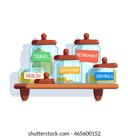 Coins and money in glass jars with labeled savings standing on the shelf. Modern flat style concept vector illustration isolated on white background.