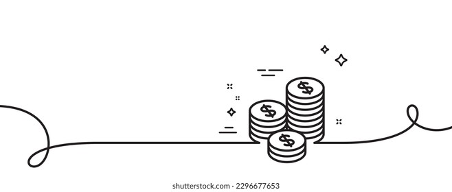 Coins money line icon. Continuous one line with curl. Banking currency sign. Cash symbol. Coins single outline ribbon. Loop curve pattern. Vector