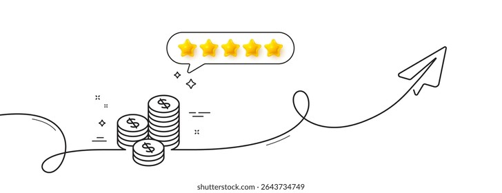 Coins money line icon. Continuous line with share plane. Banking currency sign. Cash symbol. Five star rate review in speech bubble. Coins single line ribbon. Loop curve pattern. Vector