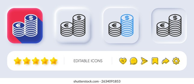 Coins money line icon. Neumorphic, Flat shadow, 3d buttons. Banking currency sign. Euro and Dollar Cash symbols. Line currency icon. Social media icons. Vector