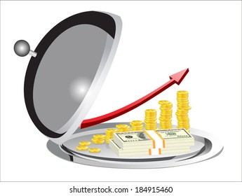  Coins, money and red arrow on salver plate under the food cover 