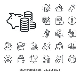 Coins money sign. Cash money, loan and mortgage outline icons. Piggy bank line icon. Business savings symbol. Piggy bank line sign. Credit card, crypto wallet icon. Inflation, job salary. Vector