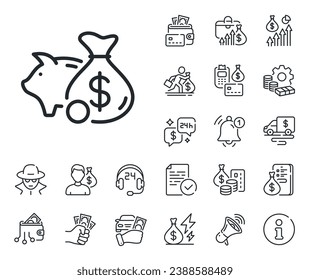 Coins money sign. Cash money, loan and mortgage outline icons. Piggy bank line icon. Business savings symbol. Piggy bank line sign. Credit card, crypto wallet icon. Inflation, job salary. Vector