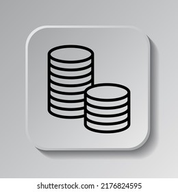 Coins, money simple icon vector. Flat design. Black icon on square button with shadow. Grey background.ai