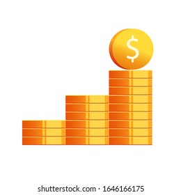 Coins money stack in columns as growth chart or golden cash profit rising vector flat cartoon, illustrated heap of dollar coins as successful investment or revenue modern design isolated on white