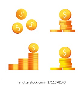 Monedas dinero pila y caída o dorado crecimiento de ganancia de pila y recogida de relaves caricatura plana ilustración vectorial aislada en fondo blanco