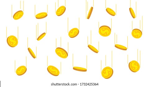 Monedas en movimiento, estilo de dibujos animados planos. Las monedas de oro llueven. Banca de señas brillantes volando en el aire. Cientos de personas cobran posiciones diferentes. Ilustración vectorial aislada