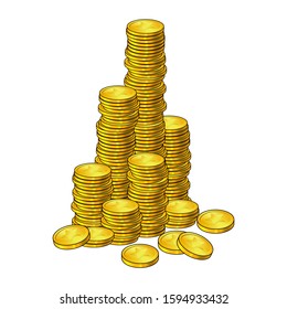 Coins mountain cartoon style.  Isolated icon. On white background. pile,stack of gold money. Big Cash column,tower.