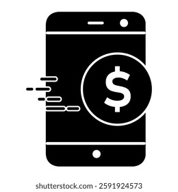 Coins move to mobile icon in trendy silhouette style design. Vector illustration isolated on white background.