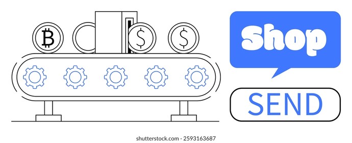 Coins moving along a conveyor belt featuring Bitcoin and traditional currencies, accompanied by shop and send buttons. Ideal for online shopping, e-commerce, cryptocurrency transactions, financial
