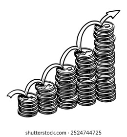 Coins neatly arranged like stairs, Vector drawing, hand drawing, retro, engraved