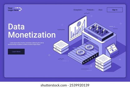 Coins on conveyor with info-chart and servers on purple background. Data monetization isometric landing page template. Concerting online information in money 3d vector illustration for web page