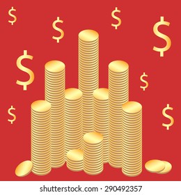 Coins and $ on red background.