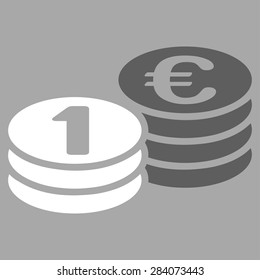 Coins one euro from BiColor Euro Banking Icon Set. Vector style: flat bicolor, dark gray and white symbol, rounded angles, silver background.