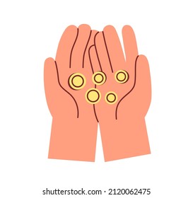 Coins In Palms Icon. Hands Holding Gold Cash Money, Change. Finance, Charity And Philanthropy Concept. Financial Donation, Help And Support. Flat Vector Illustration Isolated On White Background