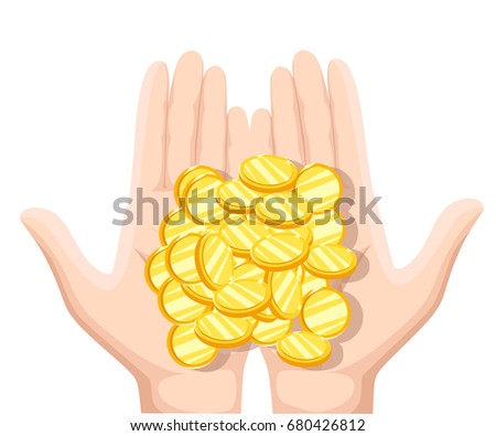 Coins in the palms of men. Coins in hand, money in hand. Vector illustration flat design. Concept of charity, alms, donate. Receive, giving, to take, ask for money. Financial support