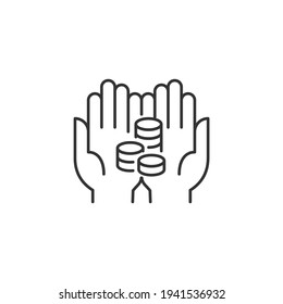 Coins in Palms Related Vector Line Icon. Sign Isolated on the White Background. Editable Stroke EPS file. Vector illustration.