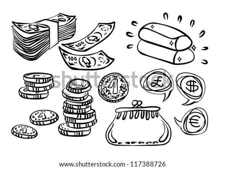 coins paper money gold purse monochrome  financial illustration  on white background