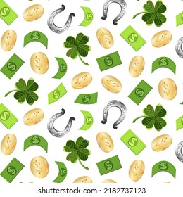 Coins and paper money.Pattern with gold coins, clover, horseshoes and dollars on a transparent background.