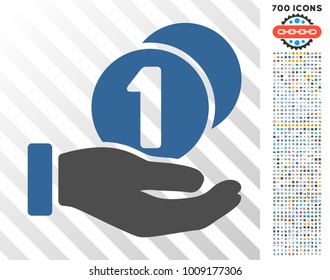 Coins Payment Hand icon with 7 hundred bonus bitcoin mining and blockchain pictograms. Vector illustration style is flat iconic symbols designed for bitcoin apps.
