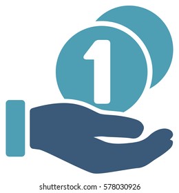 Coins Payment Hand vector icon. Illustration style is a flat iconic bicolor cyan and blue symbol on white background.