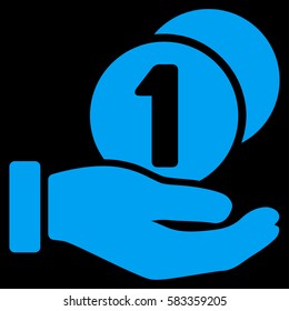 Coins Payment Hand vector pictogram. Illustration style is a flat iconic blue symbol on black background.