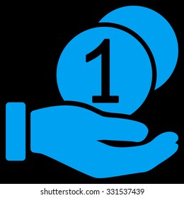 Coins Payment vector icon. Style is flat blue symbol, rounded angles, black background.