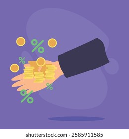 Coins and percentage symbols emerging from hand in vibrant purple background. Wealth accumulation and financial success concept