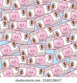 Coins and pig face green background, cartoon vector