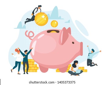 Coins in piggy bank flat vector illustration. Family saving money together. Quick cash, loan. Bankers, financiers, accountants, investors cartoon characters. Profit, income. Financial advising