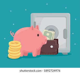 Coins piggy wallet with bills and strongbox of money financial business banking commerce and market theme Vector illustration