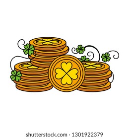 coins pile with clovers leafs