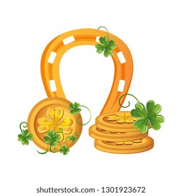 coins pile with clovers leafs and horseshoe